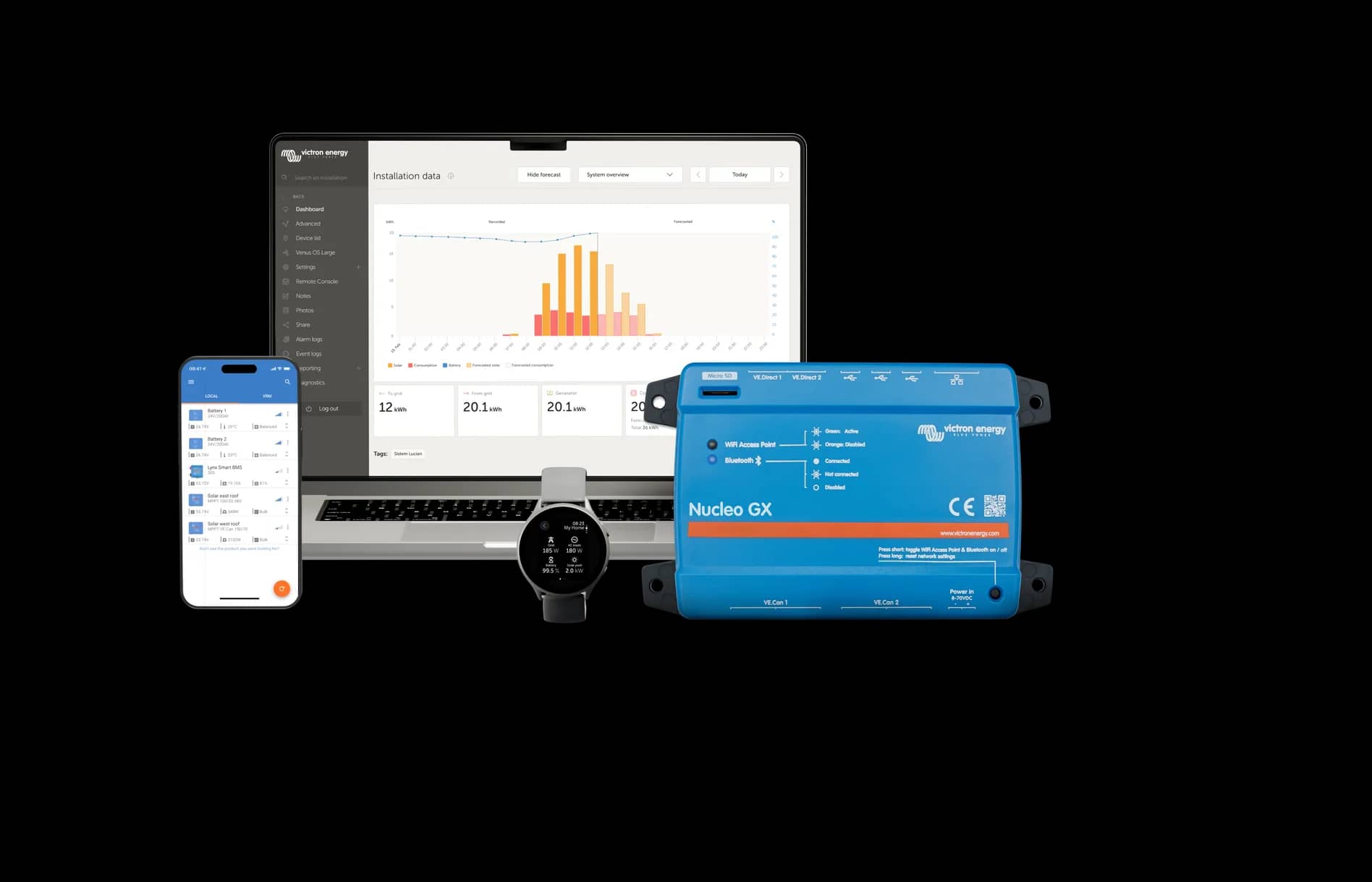 Portal VRM e aplicação VictronConnect a monitorizar um sistema Nucleo GX