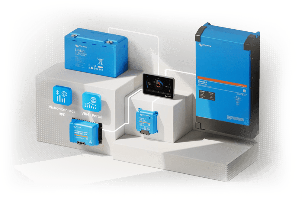 Inversor/carregador Victron, baterias, MPPT e dispositivos de monitorização dispostos em conjunto