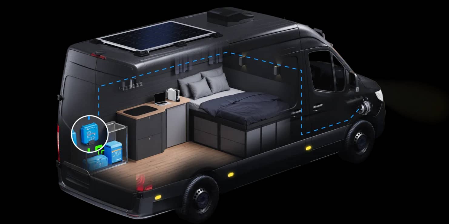 Vista em corte de uma autocaravana destacando o carregamento pelo alternador através de um carregador CC-CC Victron