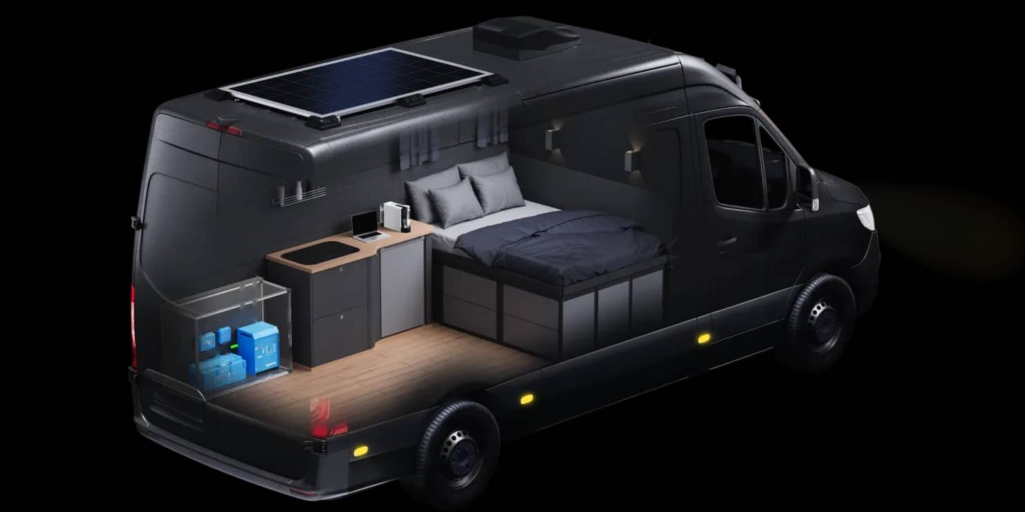 Vista em corte de uma autocaravana mostrando o seu sistema de energia Victron completo